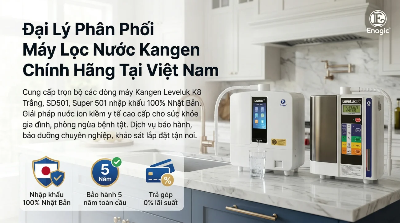 Kangen Việt Nam - Đại lý phân phối ủy quyền máy lọc nước Kangen Enagic nhập khẩu 100% Nhật Bản, cam kết bảo hành 5 năm và trả góp 0%.